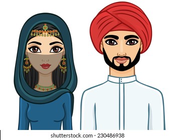 Animation Arab family: the man and the woman in traditional clothes and hijab. Isolated.