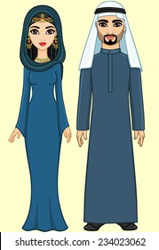 Animation Arab family: the man and the woman in traditional clothes and hijab. Isolated, high growth.