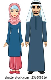 Animation Arab family: the man and the woman in traditional clothes and hijab. Isolated. Full length vector portrait.