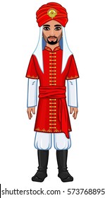 Animation Arab man in ancient clothes.Pirate, soldier, sheikh, fairy tale character. Full growth. Vector illustration isolated on a white background. 