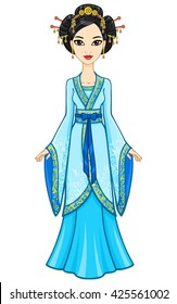 Animation Asian girl in a blue traditional dress. Full growth. Vector illustration isolated on a white background.