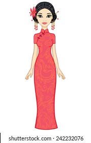 Animation Asian girl in a red dress. Full growth. Vector illustration.