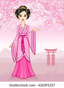 The animation Asian girl in a traditional dress on a mountain landscape. Vector illustration.