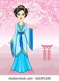 The animation Asian girl in a traditional dress on a mountain landscape. Vector illustration.