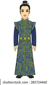 Animation Asian man to ancient clothes. Full growth. Isolated on a white background.