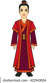 Animation Asian man to ancient clothes. Full growth. Vector illustration isolated on a white background.
