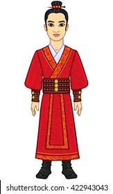 Animation Asian man to ancient clothes. Full growth. Vector illustration isolated on a white background.