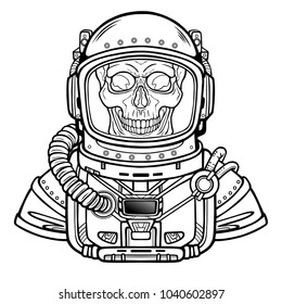 Animation Astronaut skeleton in space suit  Linear monochrome drawing  Vector illustration isolated white background  Print  poster  t  shirt  card 
