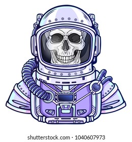 Animation Astronaut skeleton in a space suit. Vector color illustration isolated on a white background. Print, poster, t-shirt, card.