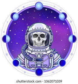 Animation Astronaut skeleton in a space suit. Color drawing. Background - the night star sky, circle phase of the moon. Vector illustration.  Print, poster, t-shirt, card.