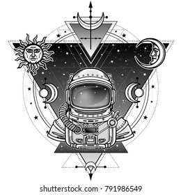 Animation Astronaut in a space suit. A background - the night star sky, symbols of the moon and sun.Vector illustration isolated on a white background. Place for the text. Print, poster, t-shirt, card