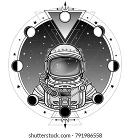 Animation Astronaut in a space suit. A background - the night star sky, phases of the moon. Vector illustration isolated on a white background. Place for the text. Print, poster, t-shirt, card.