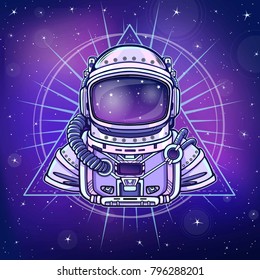 Animation Astronaut in a space suit. Background - the night star sky. Vector illustration. Print, poster, t-shirt, card.