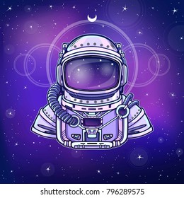 Animation Astronaut in a space suit. Background - the night star sky. Vector illustration. Print, poster, t-shirt, card.