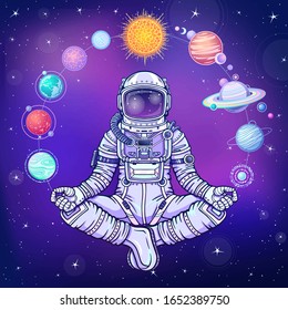 Animation Astronaut in a space suit holds planets of the solar system. Vector illustration. Background - night star sky. Print, poster, card.