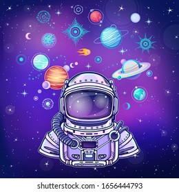 Animation Astronaut in a space suit, planets of the solar system. Vector illustration. Background - night star sky.