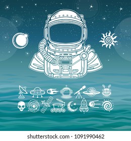 Animation Astronaut in a space suit. Set of icons. Background - the night star sky, sea. Vector illustration.