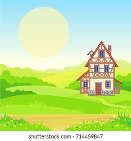 Animation background - the ancient house, the blossoming meadows. The place for the text. Vector illustration.