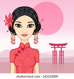 Animation beautiful Chinese girl in a traditional clothes on a east pink landscape.