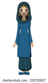 Animation beautiful Muslim girl in a hijab and wide trousers. Isolated. Full length vector portrait.