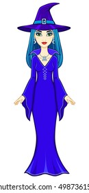 Animation beautiful witch. Full growth. Vector illustration isolated on a white background.