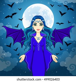 Animation beautiful witch operates pack of bats. A background - the night sky. Vector illustration.