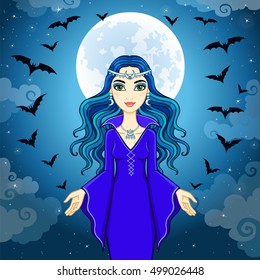 Animation beautiful witch operates pack of bats. A background - the night sky. Vector illustration.