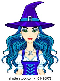 Animation beautiful witch. Vector illustration isolated on a white background.