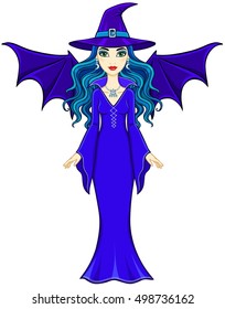 Animation beautiful witch with wings of a bat. Full growth. Vector illustration isolated on a white background.