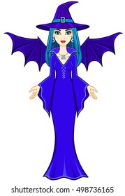 Animation beautiful witch with wings of a bat. Full growth. Vector illustration isolated on a white background.