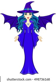 Animation beautiful witch with wings of a bat. Full growth. Vector illustration isolated on a white background.