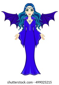 Animation beautiful witch with wings of a bat. Full growth. Vector illustration isolated on a white background.