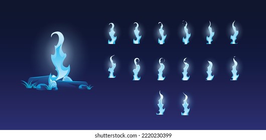 Animation of Blue fire burn in 2d effect, cartoon vector background. Fire flames on wood or campfire and bonfire or fireplace icons in motion.
