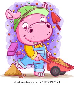 The animation  of the builder hippopotamus pull the sand on the wheelbarrow