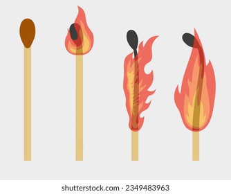 Animation of a burning match. Stages of burning matches. Burnt match flames. Vector illustration of a burning match. EPS 10.