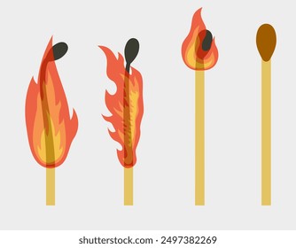 Animation of a burning match. Stages of burning matches. Burnt match flames. Vector illustration of a burning match. EPS 10.