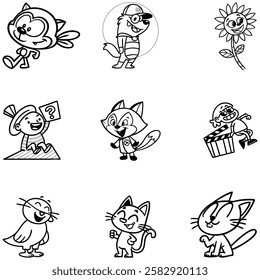 Animation cartoon icon bundle line art and illustrator eps 