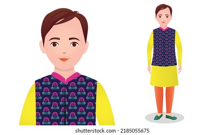 Animation character design illustration. Wedding attractive and happy groom.  Indian decorative marriage ceremony clothing look.
Traditional male character in attractive costume vector illustration.