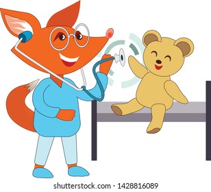 The animation character of foxes plays the doctor in a dressing gown does survey of the toy kid bear on a white background.