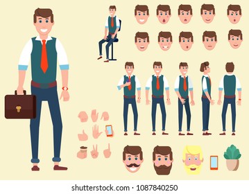 animation character, office Manager , with a set of emotions and gestures, vector illustration