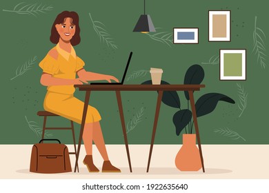 Animation Character Portrait Woman Working With Laptop At Desk. Flat Vector Design.