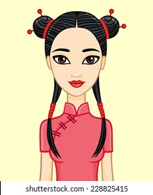 Animation Chinese girl in traditional clothes, isolated.
