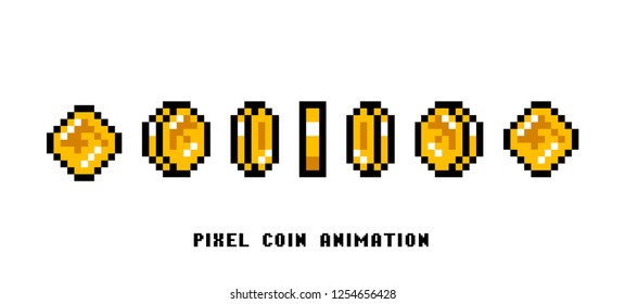 Animation of coins. Pixel art 8 bit objects. Set of icons for vintage computer video arcades. Retro game assets. The winner's trophy. vector illustration.