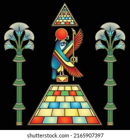 Animation color drawing: Divine Falcon sits atop pyramid. Ornamental trees.  Vector illustration isolated on a black background. 