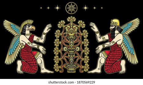 Animation color drawing: divine man bird and ancient king sit at the sacred tree of fertility. Star Sirius, character in Assyrian mythology. Vector white illustration isolated on a black background.