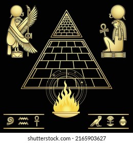 Animation color  drawing: Egyptian pyramid, Ritual fire, god Ra  sacred falcon. Vector illustration isolated on a black background. Imitation of gold. Print, poster, T-shirt, logo.