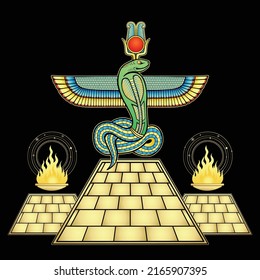 Animation color drawing: God Apop (Sacred winged Serpent) sits atop the pyramid. Ritual fire. Vector illustration isolated on a black background. Imitation of gold. 