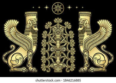 Animation color drawing: magical winged lions with human heads sit at the sacred tree. Character in Assyrian mythology. Imitation of gold. Vector illustration isolated on a black background. 