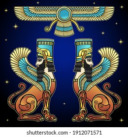 Animation color drawing: magical winged lions, symbol of God. Character in Assyrian mythology. Vector illustration isolated on a black background. 