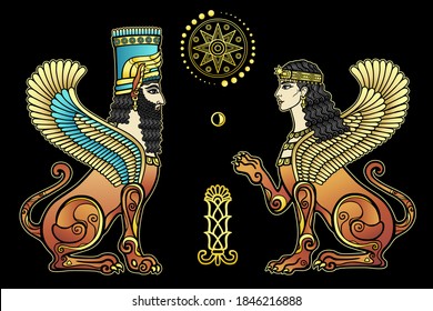 Animation color drawing: mystical winged lion and lioness with human heads. Character in Assyrian mythology. Sacred star, moon, plant. Vector illustration isolated on a black background. 